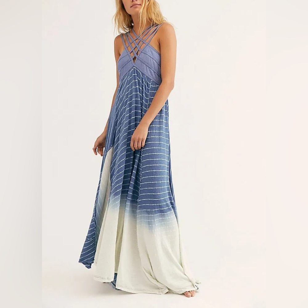 Free People Dreamweaver Gauzy Chambray Denim Top Ombré Soft Strappy Maxi Dress
